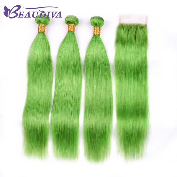 Beau Diva Green Bundles With Closure Remy Peruvian Straight Hair With Closure Human Hair Bundles With Lace Closure 4*4