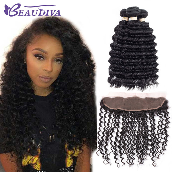 Beaudiva Brazilian Human Hair 3 Bundles With Closure 13X4 Ear To Ear Lace Frontal Closure Deep Wave Hair