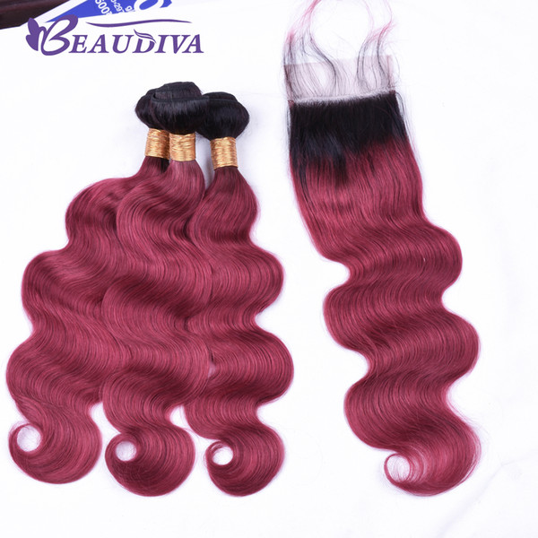 Beau Diva Pre Colored TB Burgundy Brazilian Virgin Human Hair Bundles With Closure Straight 100% Ombre Hair Bundles With Closure 4*4 Remy