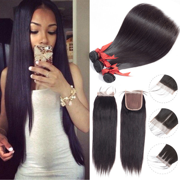 Peruvian Virgin Hair Straight 3 Bundles With Closure Straight Human Hair With Closure 7A Peruvian Virgin Hair With Closure