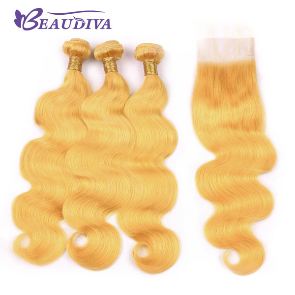 Beau Diva Yellow Human Hair Bundles With Lace Closure Body Wave Brazilian Hair With Closure Remy Human Hair Bundles With Lace Closure