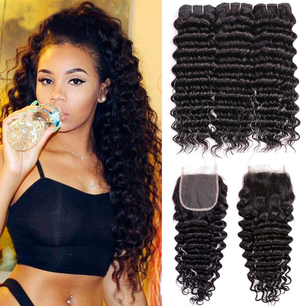 Beau Diva 8A Deep Wave 3 Bundles With Closure Unprocessed Brazilian Virgin Hair Remy Human Hair Bundles With 4x4 Lace Closure