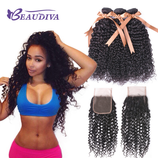 Beau Diva 8A Kinky Curly 3 Bundles With Closure Unprocessed Brazilian Virgin Hair Remy Human Hair Bundles With 4x4 Lace Closure