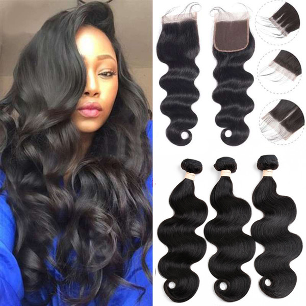 Beau Diva Unprocessed 8A Body Wave 3 Bundles With Closure Brazilian Virgin Hair Remy Human Hair Bundles With 4x4 Lace Closure