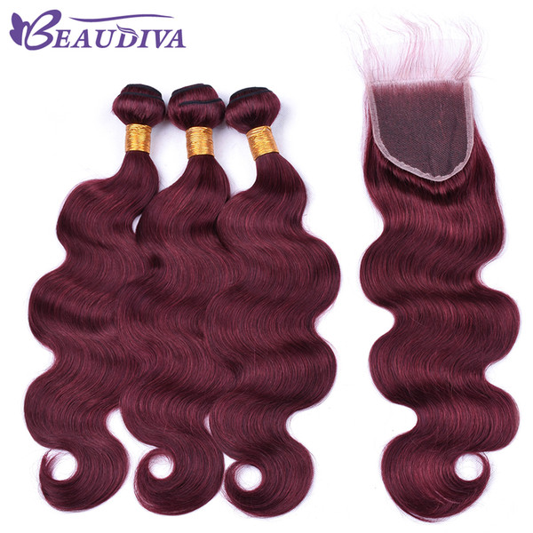 Beau Diva Pre Colored 99J Dark Red Human Hair Bundles With Closure Brazilian Body Wave Hair Bundles With Closure Remy Brazilian Hair