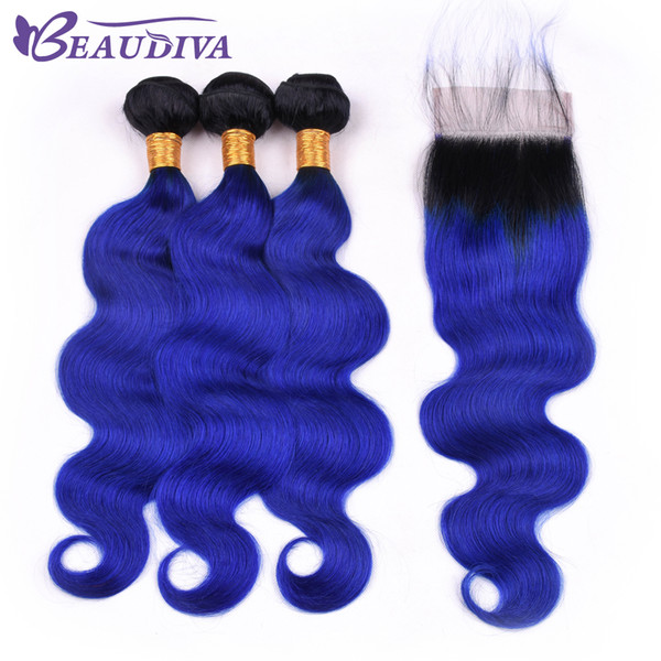 Beau Diva Pre Colored TB/Blue Brazilian Virgin Human Hair Bundles With Closure Straight 100% Ombre Hair Bundles With Closure 4*4 Remy