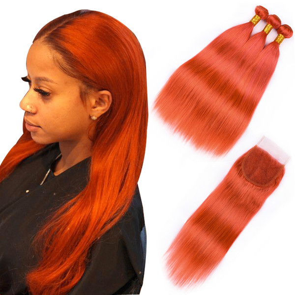 Beau Diva Dark Orange Bundles With Closure Remy Peruvian Straight Hair With Closure Human Hair Bundles With Lace Closure 4*4