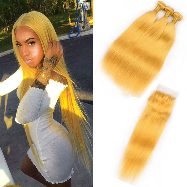 Beau Diva Yellow Bundles With Closure Remy Peruvian Straight Hair With Closure Human Hair Bundles With Lace Closure 4*4