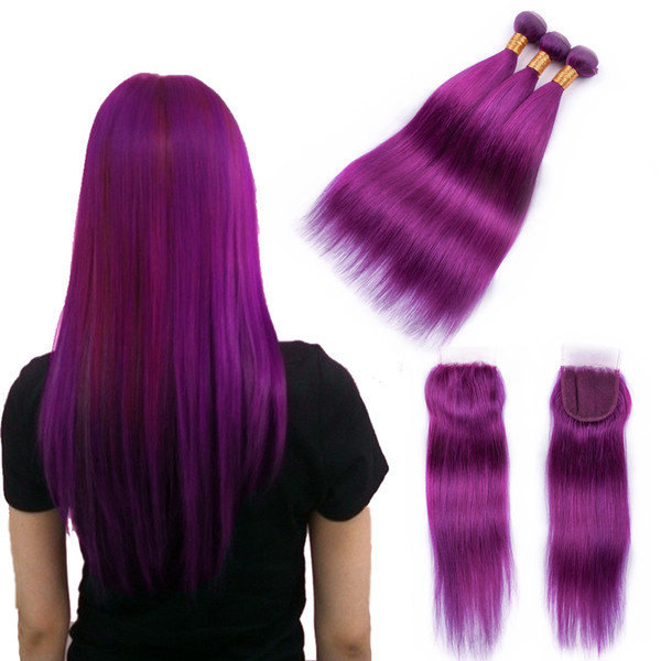 Beau Diva Purple Bundles With Closure Remy Peruvian Straight Hair With Closure Human Hair Bundles With Lace Closure 4*4