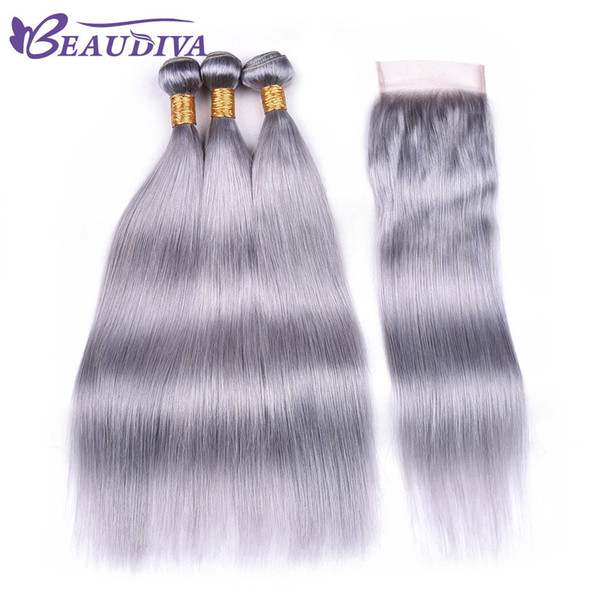 Beau Diva Silver Grey Bundles With Closure Remy Peruvian Straight Hair With Closure Human Hair Bundles With Lace Closure 4*4