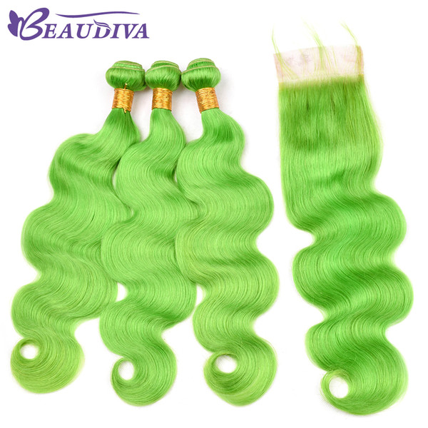 Beau Diva Pre Colored Green Hair Body Wave Bundles With Lace Closure 100% Remy Brazilian Human Hair Bundles With Closure 4*4 inch