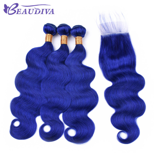 Beau Diva Blue Hair Body Wave Bundles With Lace Closure Brazilian Hair With Closure Remy Human Hair Bundles