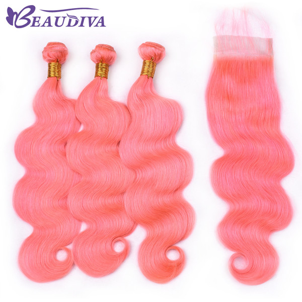 Beau Diva Rose Pink Hair Bundles With Lace Closure Body Wave Brazilian Hair With Closure Remy Human Hair Bundles With Lace Closure