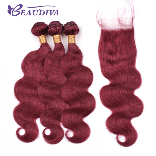 Beau Diva Pre Colored Hair Burgundy Bundles With Closure Brazilian Body Wave Bundles With Closure Remy Human Hair With Closure 4*4