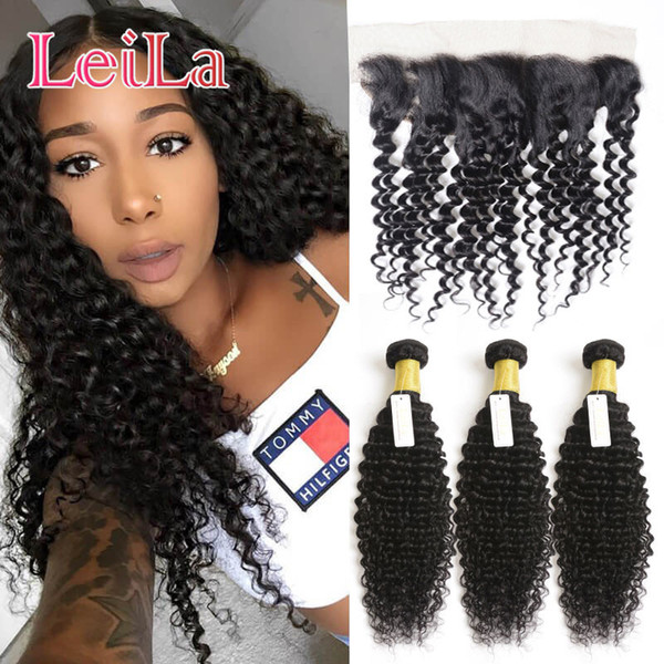 Human Hair Extension Weft Malaysian Deep Wave Curly 3 Bundles With 13X4 Lace Frontal WaterHair Weaves Hair Bundles With Frontal 4 Pieces/lot