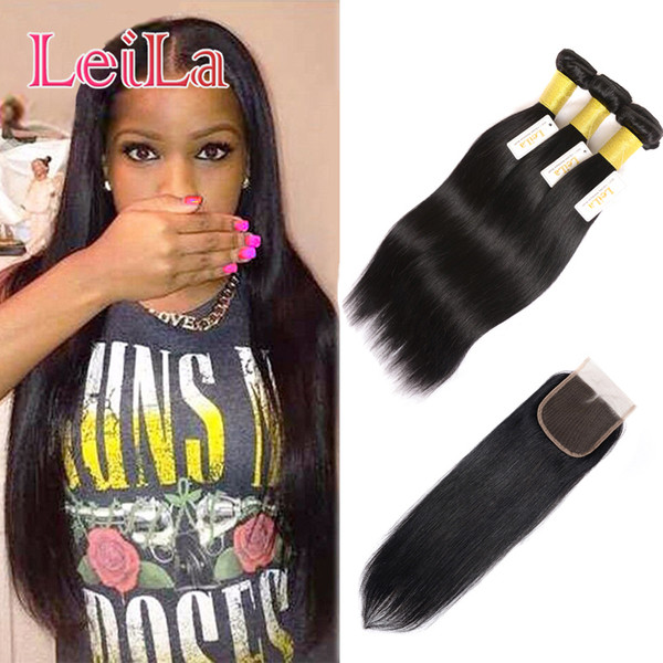 Peruvian Straight Hair Bundles With Closure 4pieces Human Hair With Lace Closure 100% Unprocessed Straight Hair Weaves With 4 X 4 Closure