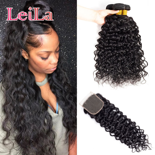 Mongolian 4X4 Lace Closure With 3 Bundles Water Wave Human Hair Extenisons 95-100g/piece Water Wave Hair Wefts With Closure Baby Hair