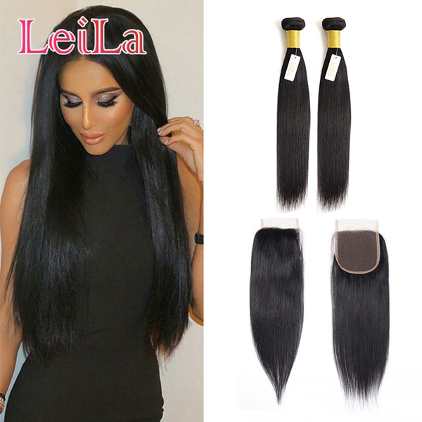 Peruvian Virgin Hair Silky Straight Hair 2 Bundles With 4 X 4 Lace Closure Free Middle Three Part 100% Unprocessed Human Hair