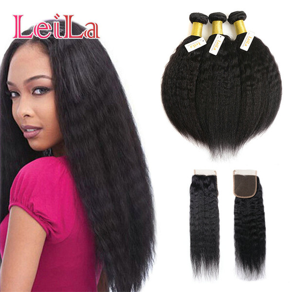 Malaysian Kinky Straight Hair 3 Bundle With Closure Virgin Hair 100% Unprocessed Human Hair Italian Coarse Yaki With 4X4 Free Closure