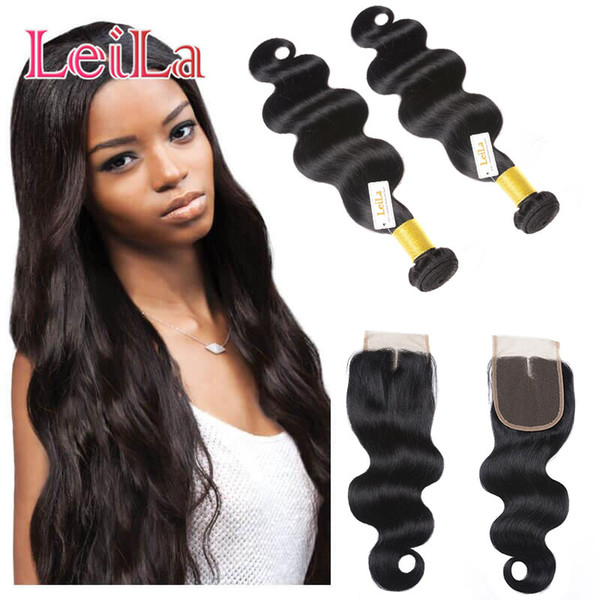 Indian Raw Virgin Hair Mink Body Wave Bundles With Lace Closure Baby Hair 2 Bundles With Closure Natural Color Body Wave