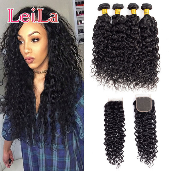 Leila Hair Water Wave Brazilian Virgin Hair Bundle With Closure Weave Bundles With Closure Remy Human Hair 4 Bundles With Closure