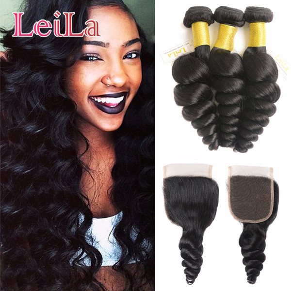 Human Hair Wefts With Lace Closure Loose Wave 3 Bundles With Lace Closure Malaysian Cheap Hair Extensions 100% Unprocessed Hair Weave