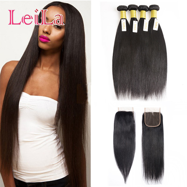 Malaysian Straight Hair for beauty 4 Bundles With Lace Closure Silky Unprocessed Human Hair 5pieces/lot for full hair