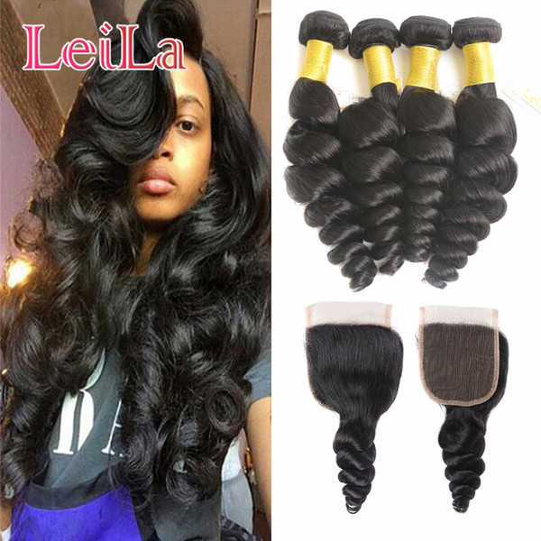 Virgin Hair Bundles with closure 5Pcs lot 100g pcs 7A Unprocessed Human Hair Weaves Indian Loose Wave Virgin Hair Wefts Natural Black