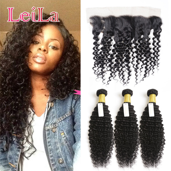 Peruvian Virgin Human Hair Extensions 3 Bundles With 13 X 4 Lace Frontal Hair Weaves Frontal Deep Wave Curly Hair Bundles With Frontal