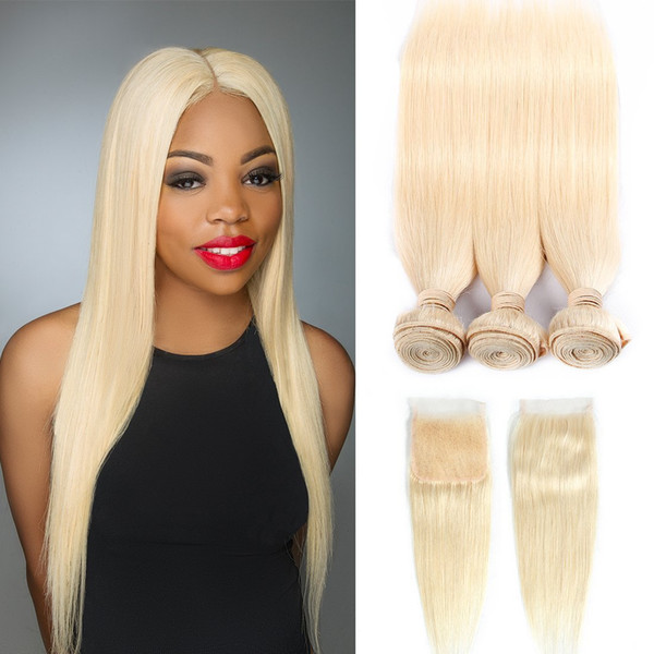 Leila Remy Blonde Color Brazilian Hair Weave With Closure Straight Style Human Hair 3 Bundles With Lace Closure 613