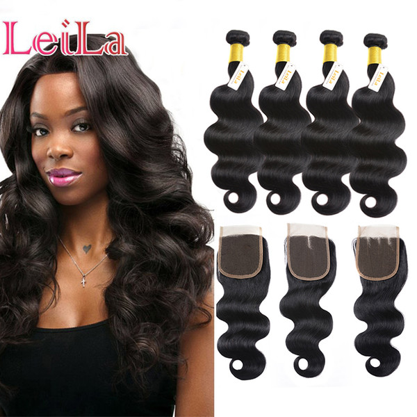 Peruvian 4 Bundles With Lace Closure Body Wave 5 Pieces Remy Human Hair Natural Color Unprocessed Human Hair 