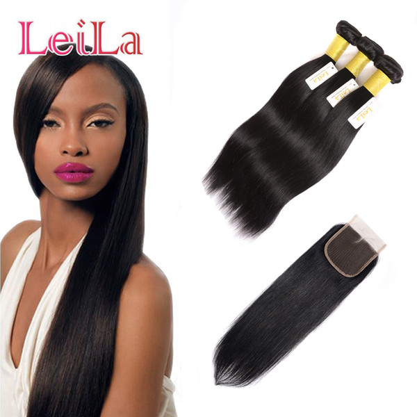 Straight Malaysian Human Hair Bundle with Closure 3Bundles With 4 x 4 Lace Closure Hair Products Free Three Middle part