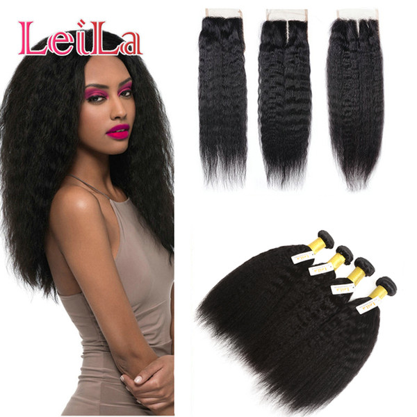 Peruvian Unprocessed Kinky Straight 4 Bundles with Lace Closure Free Middle Three Part Human Hair Weft Coarse Yaki Full Hair