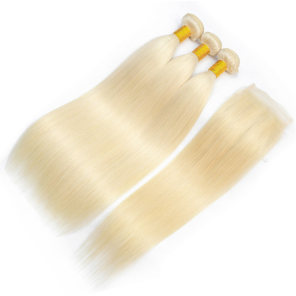 Brazilian Straight Wave 3 Bundles Hair With Closure 613 Color Human Hair Blond Bundles With Closure Remy Hair Extensions