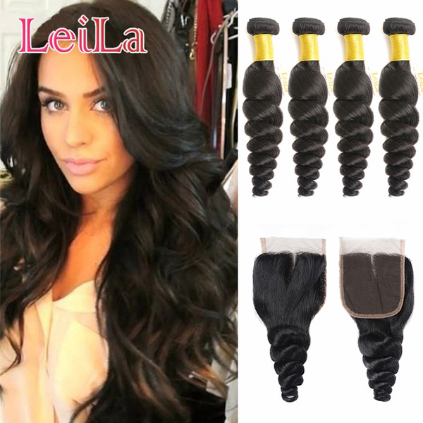 Malaysian Loose Wave 6inch-28inch 4 Bundles with lace Closure Free Middle Three Part For Full Hair Natural Black Color