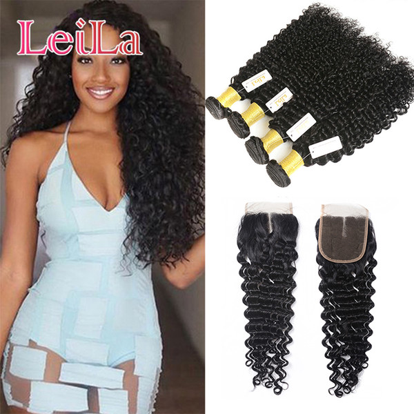 Deep Wave Virgin Hair 5pieces/lot Bundles with Lace Closure 100% Unprocessed Human Hair Weft curly Full Hair