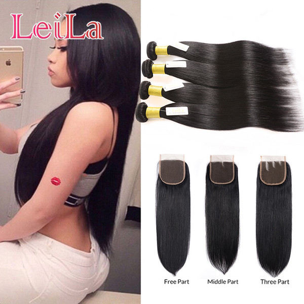 Peruvain Virgin Hair Straight Hair Bundles With Lace Closure Silky Straight Human Hair 4X4 Lace Closure 5 Pieces