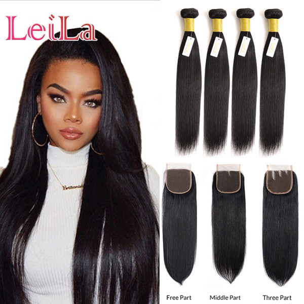 Brazilian Straight Hair 4 Bundles With Lace Closure Silky Human Hair Natural Color Free Middle Three part Lace Closure 5 Pieces/lot