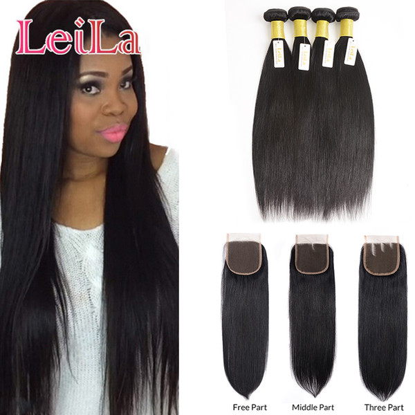 Indian Virgin Straight Hair for 4 Bundles With 4X4 Lace Closure Silky Unprocessed Human Hair 5pieces/lot for full hair