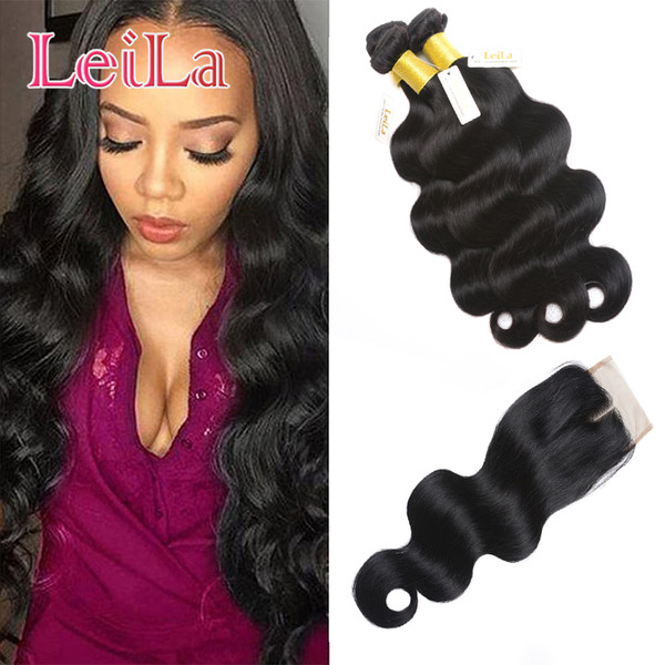 Brazilian Virgin Hair 3 Bundles With 4X4 Lace Closure Baby Hair 8-28inch Bundles With Closure Body Wave Natural Color Dyeable Human Hair