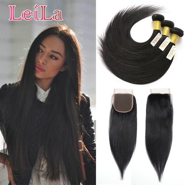 8A Leila Malaysian Virgin Hair 4x4 Lace Closure With Baby Hair 3 Bundles With Lace Closure Straight Hair Wholesale