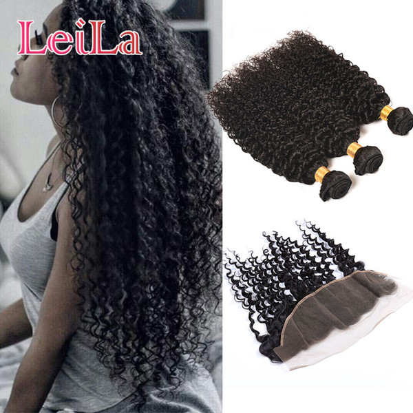 Malaysian Leila Natural Color 3 Bundles With Lace Frontal 13X4 Kinky Curly Pre Plucked Baby Hair 100% Unprocessed Human Hair Kinky Curly