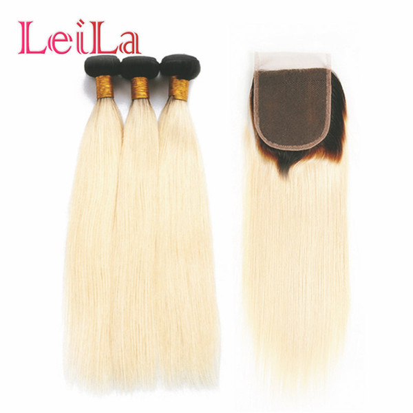 Leila Brazilian Straight Hair 1B 613 Ombre Blonde 3 /4 Bundles with Closure Remy Human Hair Bundles Weave with Closure