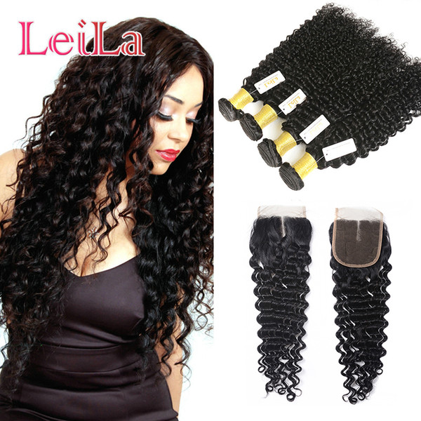 Virgin Hair Deep Wave 4 Bundles with Closure Indian Unprocessed Human Hair Weft curly Free Middle Three Part Lace closure