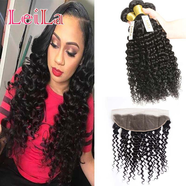 Deep Wave 3 Bundles With 13X4 Lace Frontal Pre Plucked Malaysian Virgin Human Hair Extensions Deep Curly Natural Color 8-28inch