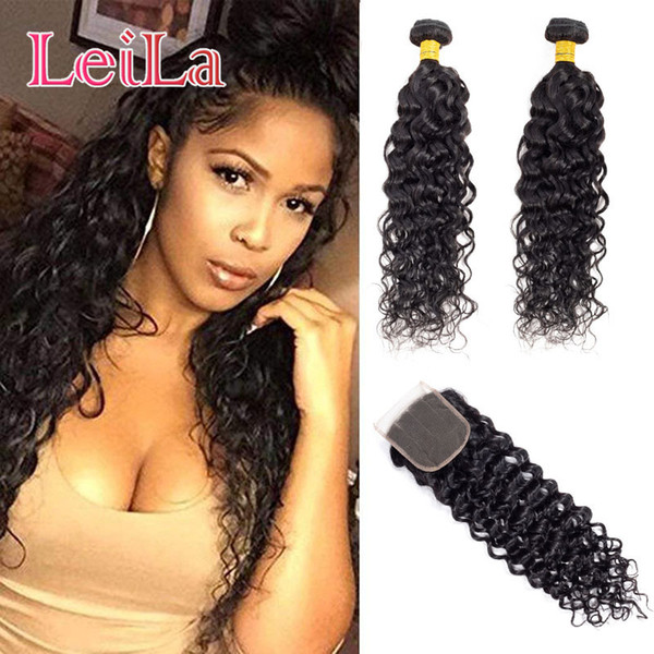 Indian Raw Virgin Hair Water Wave Bundles With Lace Closure 4X4 Baby Hair Wet And Wavy Human Hair Extensions With Closure 3pieces/lot