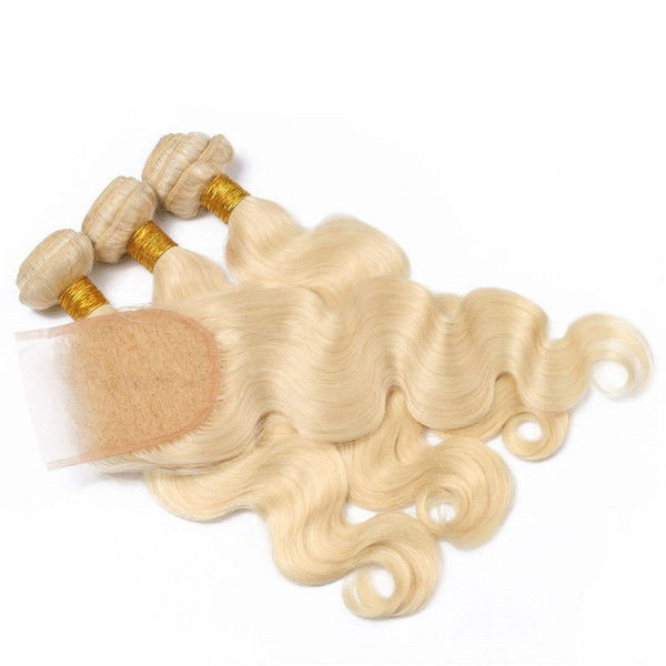 613 Russian Blonde Virgin Hair With Closure 3 Bundles With 4*4 Lace Closure 10A Top Human Hair With Free Part Closure