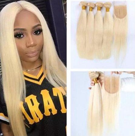 Brazilian Human Hair Blonde Weaves With Closure Straight Pure #613 Bleach Blonde Color 4x4 Lace Closure With 3 Bundles Extensions