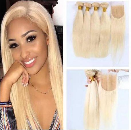 8A 613 Blonde Brazilian Human Hair Straight With Top Lace Closure 4Pcs Lot Free Part Platinum Blonde Bundles 4*4 Closures Piece