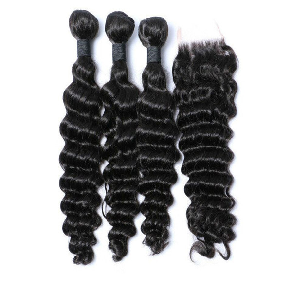 8A Grade Brazilian Hair Bundles with Lace Closure Deep Wave Curly Natural Black Color 3PCS lot Peruvian Malaysian Indian Human Hair Weaves